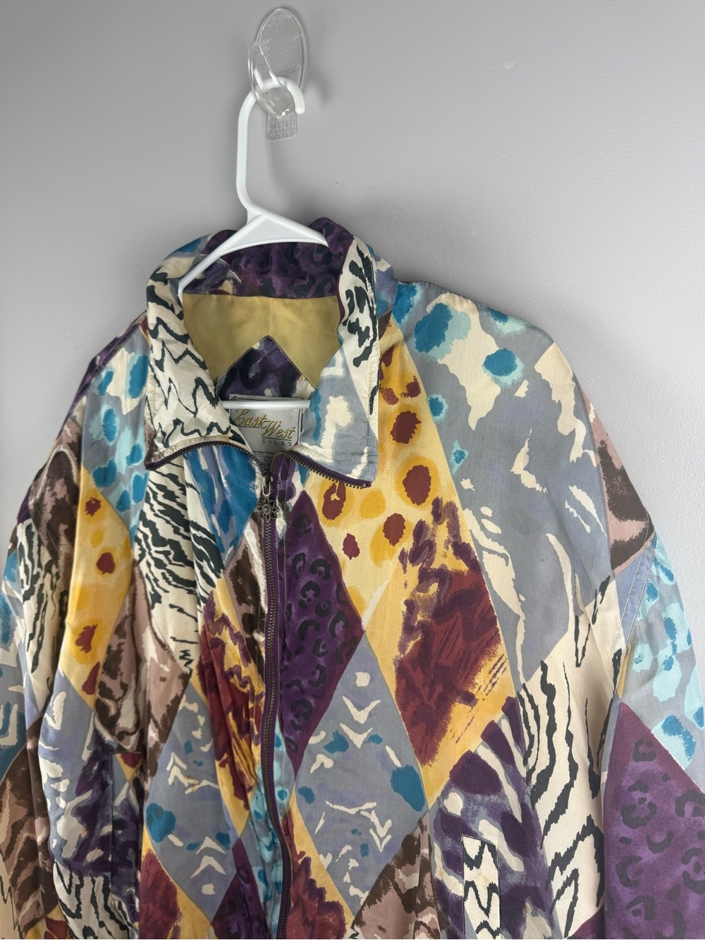 VTG East West Women’s 100% Silk Argyle Bomber Windbreaker Jacket SZ L Maximalist